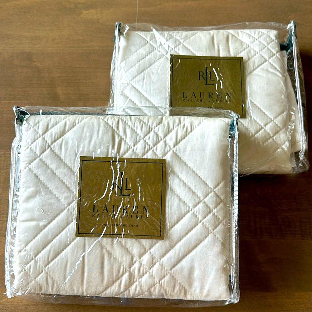 Ralph Lauren Antoinette Sateen Quilted Standard Shams(set of 2)-Ivory-Brand New